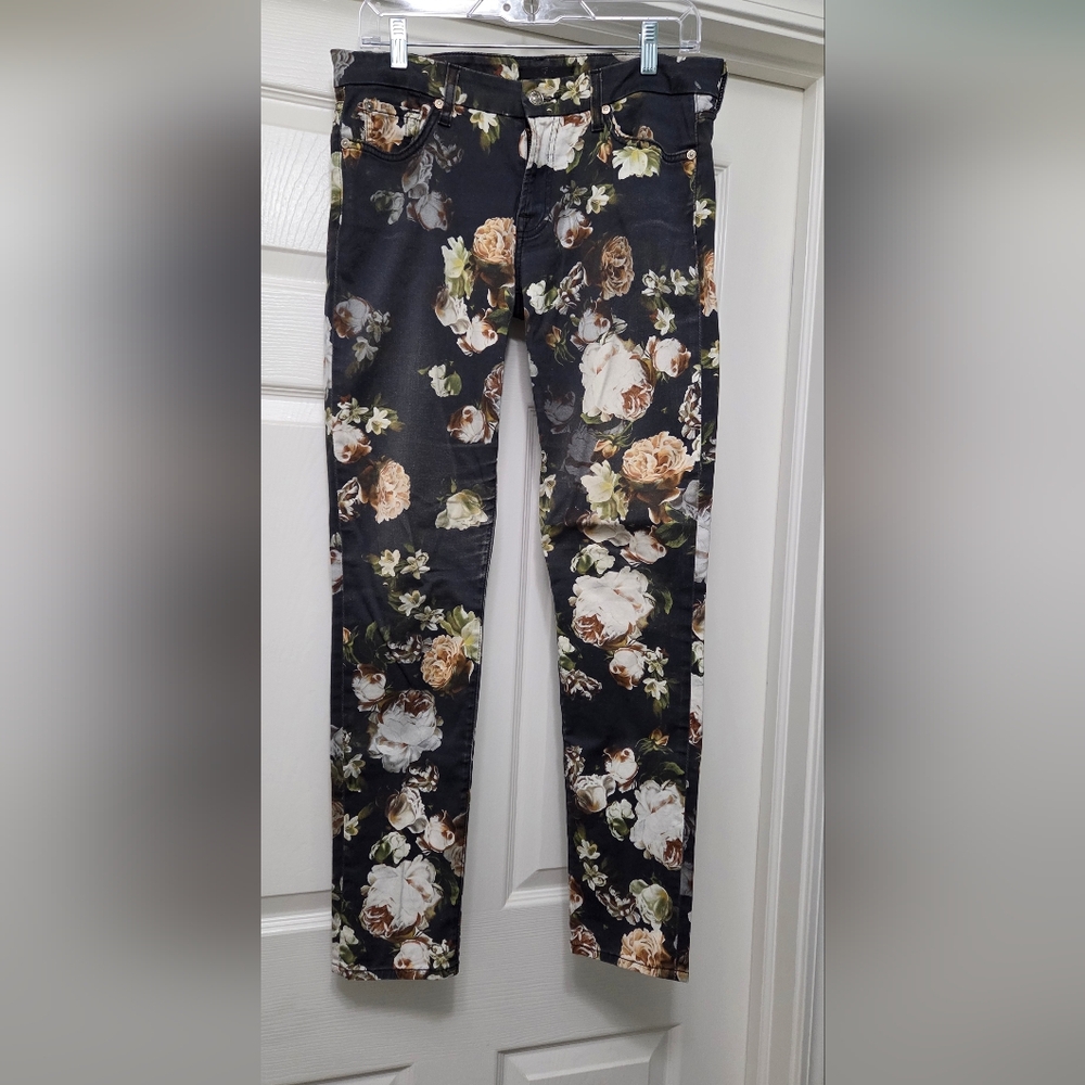 7 For All Mankind Black Floral Skinny Jeans